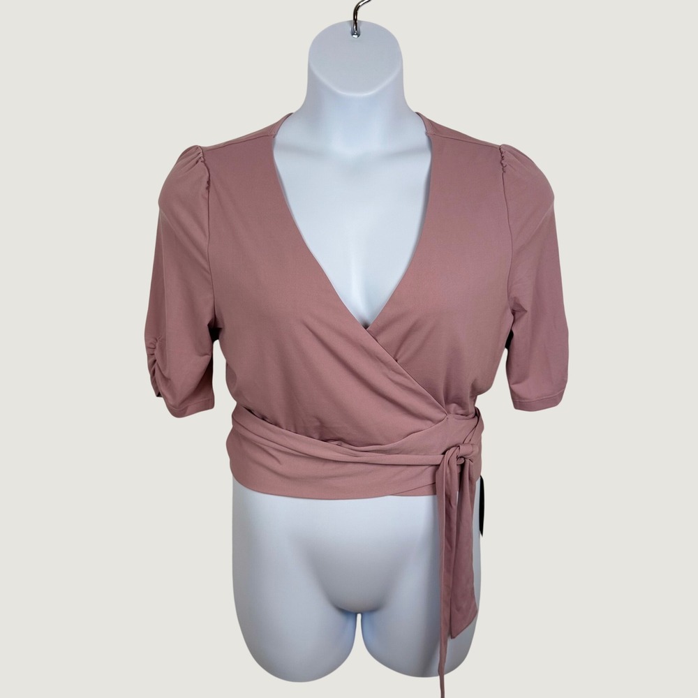 Halara Pink Wrap Front Ruched Short Sleeve Crop Top Size L Casual Cute Going Out